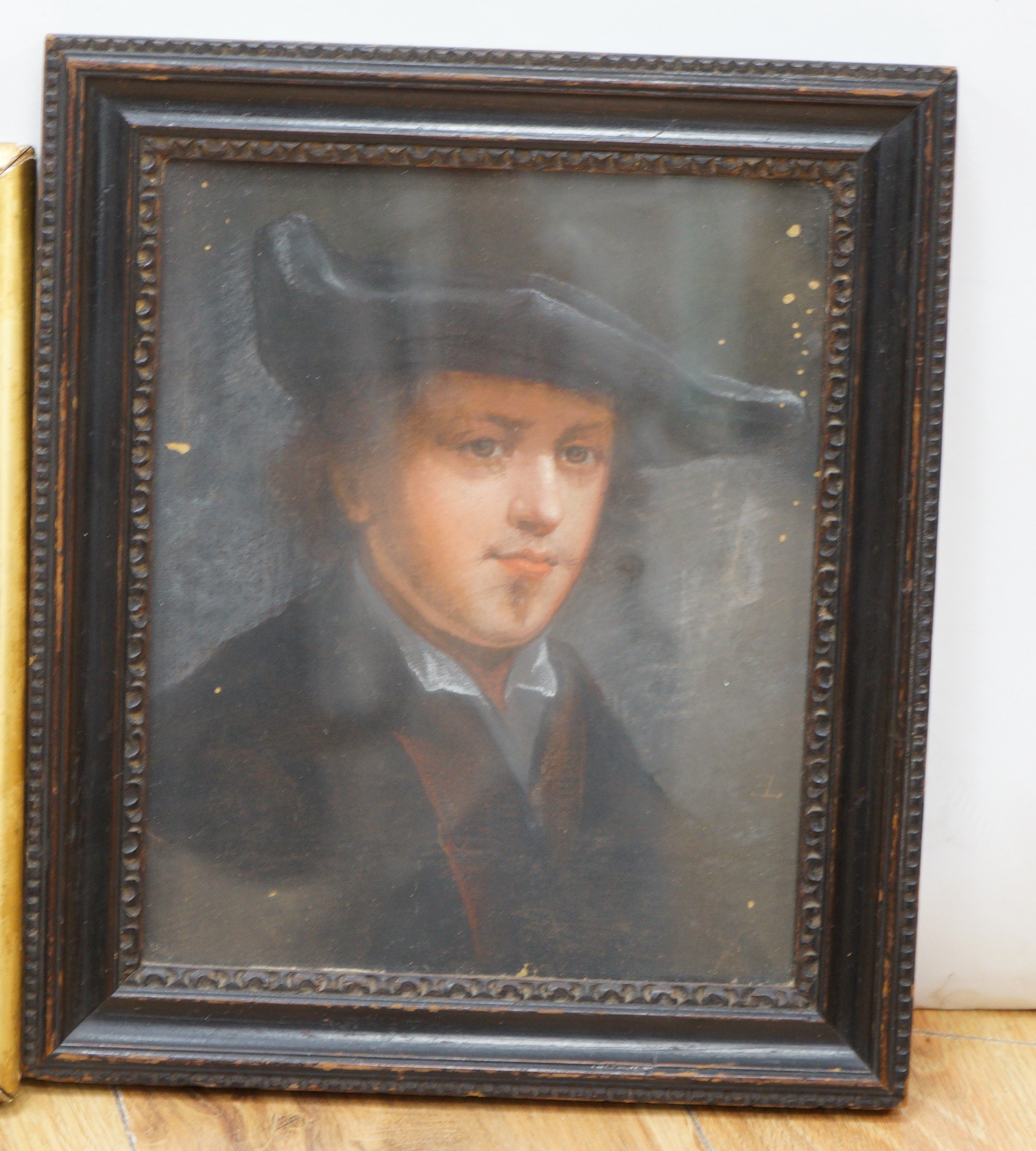 Dutch School, two pastel portraits of gentleman, one monogrammed EL, 24 x 18cm and a small watercolour of 18th century figures watching a Punch and Judy show
